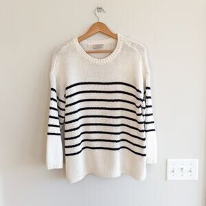 Loft Striped Pattern Crew Neck Long Sleeve Pullover Sweater Ivory/Black M